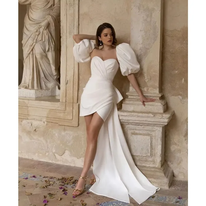 

Detachable Puffy Sleeves Wedding Dress 2023 New Fashion Short Bride Gown With Sweety Bow Back Dance Wedding Dress Custom Made