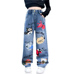 New 2024 Teenage Girls Blue Street Cartoon Print Elastic Mid Waist Loose Denim Jeans Spring Fashion Children Cute Wide Leg Pants