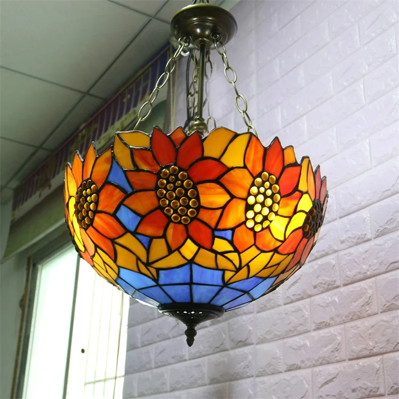 TEMAR Tiffany Pendant Light Contemporary LED Sunflower Figure Lamp Fixtures For Home Dining Room