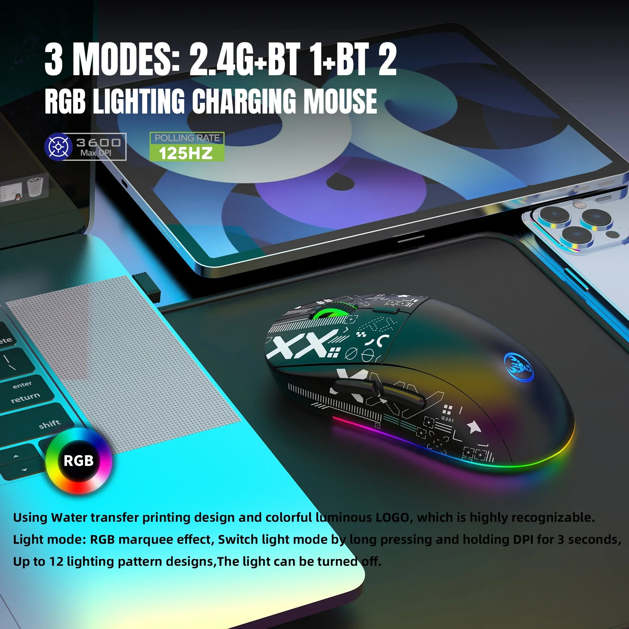 

3 Modes Bluetooth Gaming Mouse Rechargeable 2.4G USB Wireless RGB Backlight Mouse for pad Tablet Laptop Computer