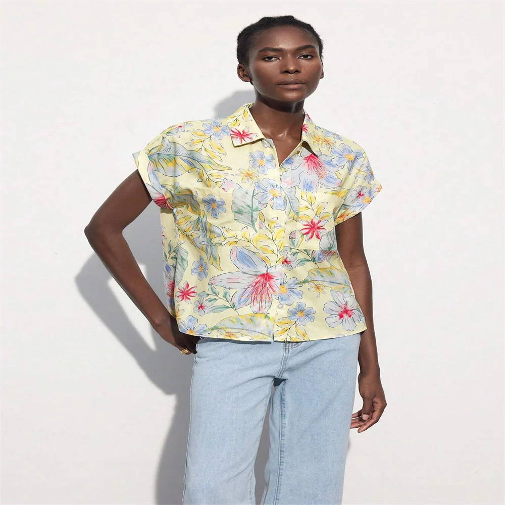 Women's Short Sleeved Shirt For Summer Casual Short Sleeved Holiday Printed Shirt With Plant Pattern Suitable For Daily Work