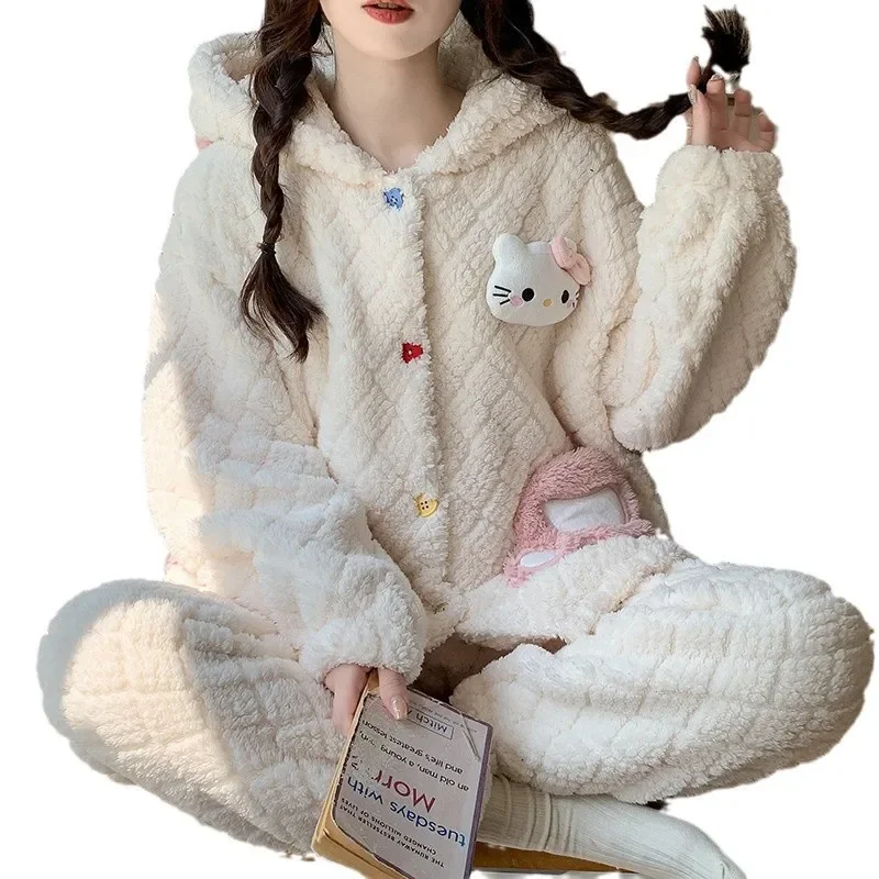 New Sanrio Hello Kitty Women\'s Pajamas Hooded Pajamas Fleece Thickened Cartoon Casual Plush Homewear Silk Pajamas Women