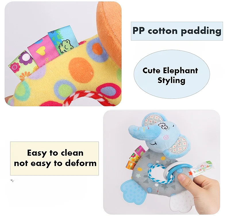 2-in-1 Baby Hand Puppet, Elephant Soothing Doll Rattle, Newborns Plush Animals Early Education Toys, Baby Christmas Gifts