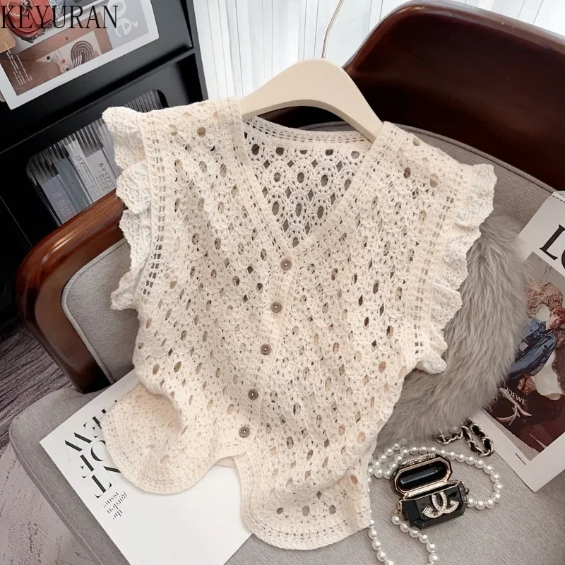 2024 Summer New French Crochet Hollow Out Sweater Vest Women Vintage Elegant Fashion Ruffles V-neck Knit Cardigan Vests Tops