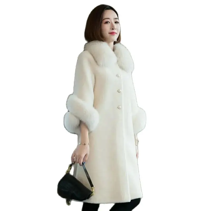 

2024 Autumn/Winter New Imitation Sheep Fleece Coat Women Mid length Imitation Fox Fur Collar Particle Velvet Imitation Fur Coat