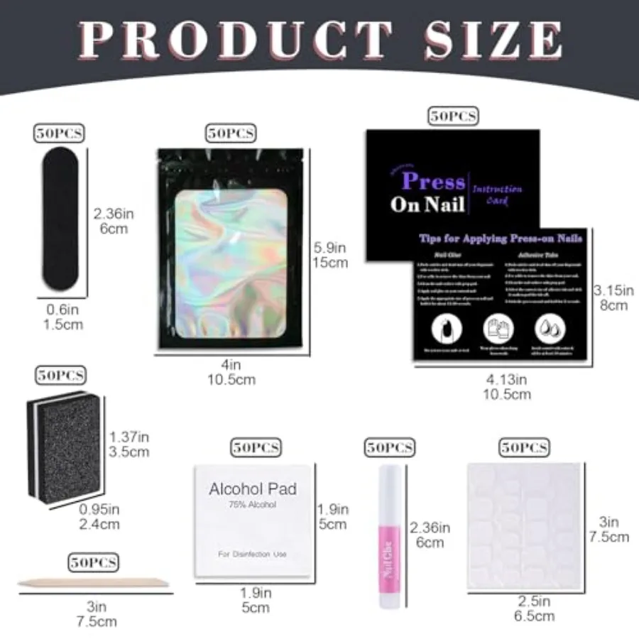 전문 매니큐어 및 프레스온 네일 적용을 위한 일회용 네일 용품 키트 50세트(네일 파일 네일 버퍼 접착제 포함)