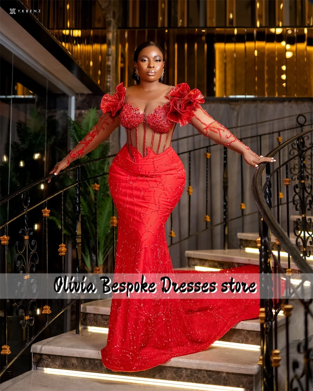 Vestidos de Noche elegantes de sirena roja Aso Ebi, vestido Formal africano de manga larga con cuentas y diamantes de imitación y hombros fruncidos para mujer personalizado