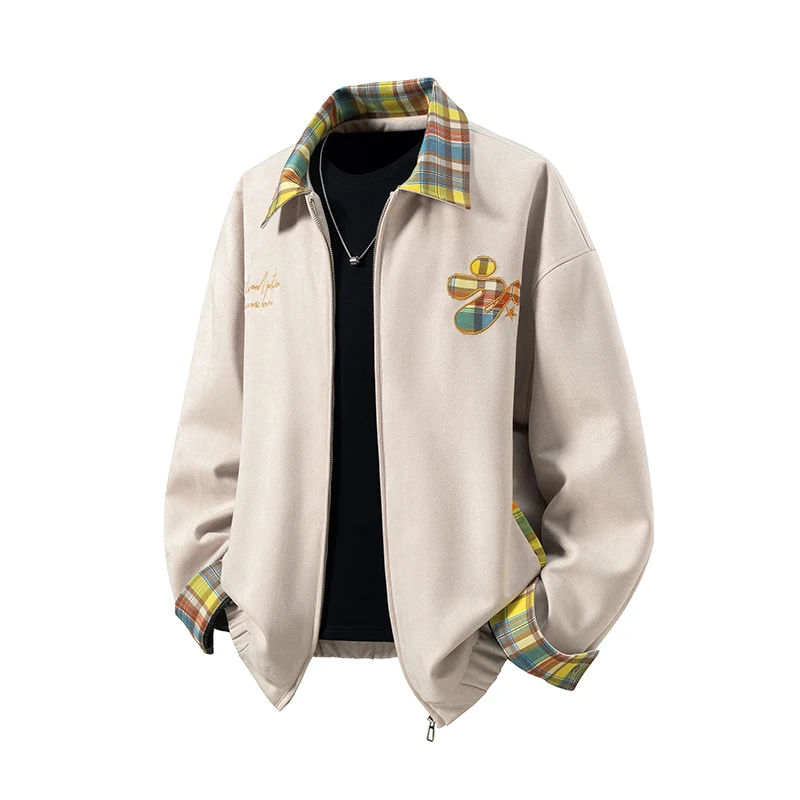 

Suede Embroidered Jacket New Autumn Men's Jacket Fashionable Trendy Brand Contrasting Colour Plaid Lapel Coat