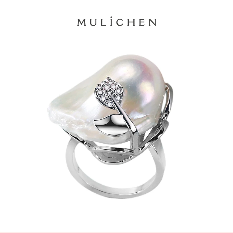 

MULICHEN 12-14mm Freshwater Pearl Ring For Women Fashion Flower Shape Jewelry Gold Plated Inlaid Zircon Ring Free Shipping