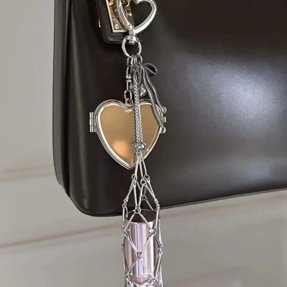 

Bag Pedant Portable Metal Net Lipstick Bag Silver Mini Lip Balm Bag Keychain Universal with Mirror Lipstick Cover Keychains Home