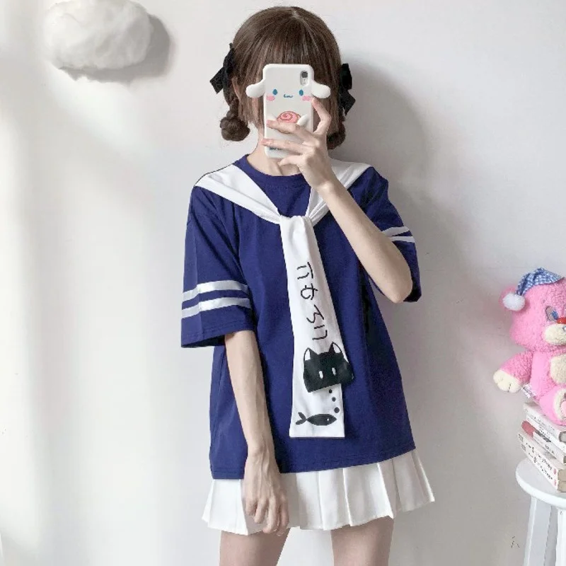 Adolescente harajuku kawaii camiseta topo verão feminino dos desenhos animados gato peixe impressão camiseta manga curta o pescoço falso gravata arco bonito camiseta