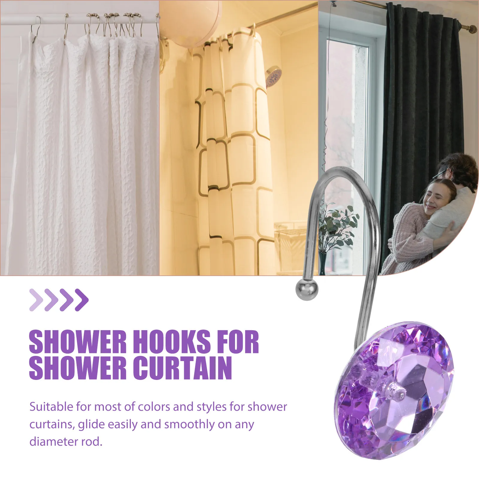 12Pcs Shower Curtain Hooks – Premium Metal & Acrylic, Smooth Gliding, Fits All Rod Diameters, Bathroom Decor
