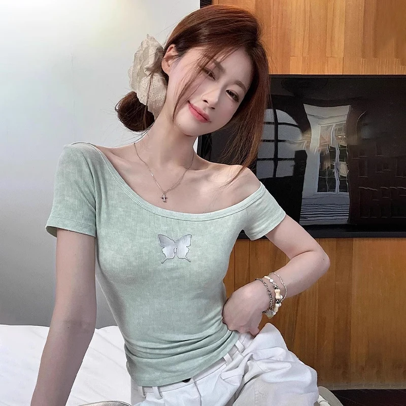 

Korean Style Fashion Solid Color Elastic Butterfly Print Sweater T-Shirt Summer
