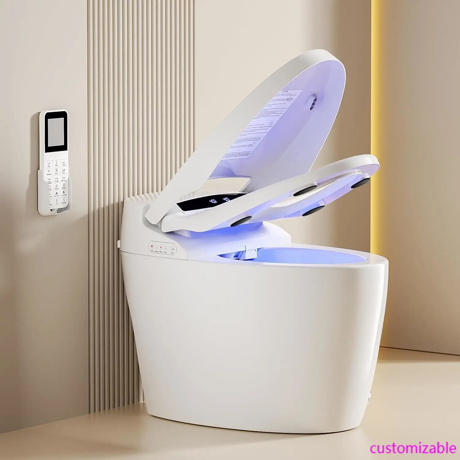 

Роскошный умный туалет с распылителем теплой воды и сушилкой, управление ножным датчиком, сиденье для биде с подогревом, приподнятый безрезервуарный Туалет