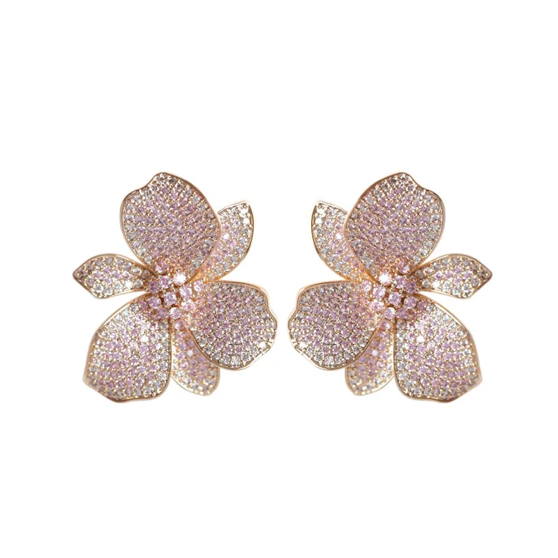 Exaggerate Personality Flower Earring S925 Silver Needle Fashion Large Luxury Zircon Stud Earrings for Women Wedding Accessories