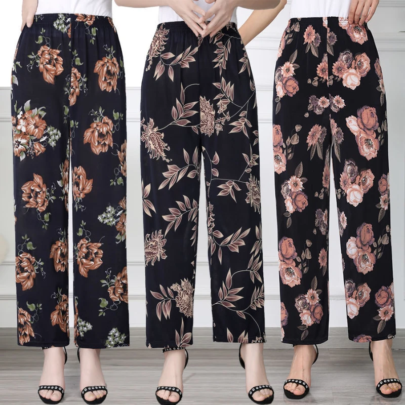 

2023 Women's Summer Cropped Pants Casual High Waist Printed Baggy Pants Middle Aged Women Wide Leg Trousers Female Bottoms