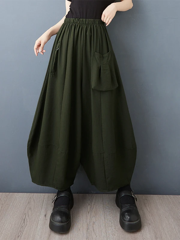 Verão solto calças de perna larga casual nove pontos cintura elástica modelo fino ket design lanterna calças plus size roupas femininas