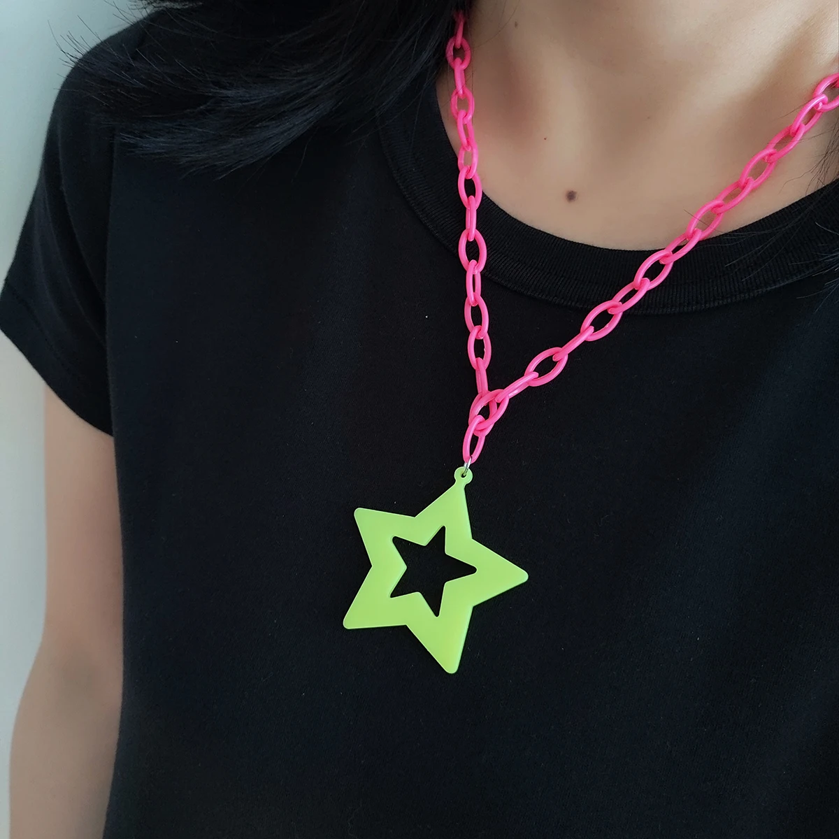 Hip-Hop Rock, Exaggerated Personality, Acrylic Fluorescent Star Pendant, Long Sweater, Chain Necklace, Women's Accessory Decorat