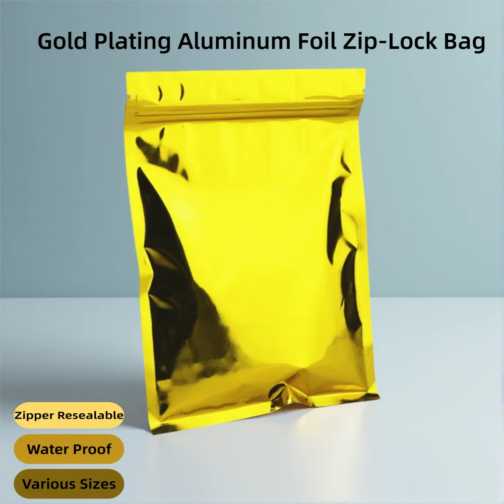 100pcs Gold Resealable Aluminizing Foil Zip Lock Bags - Food Grade Zipper Clip Self-sealing Pouch for Tea / Gift / Socks Package