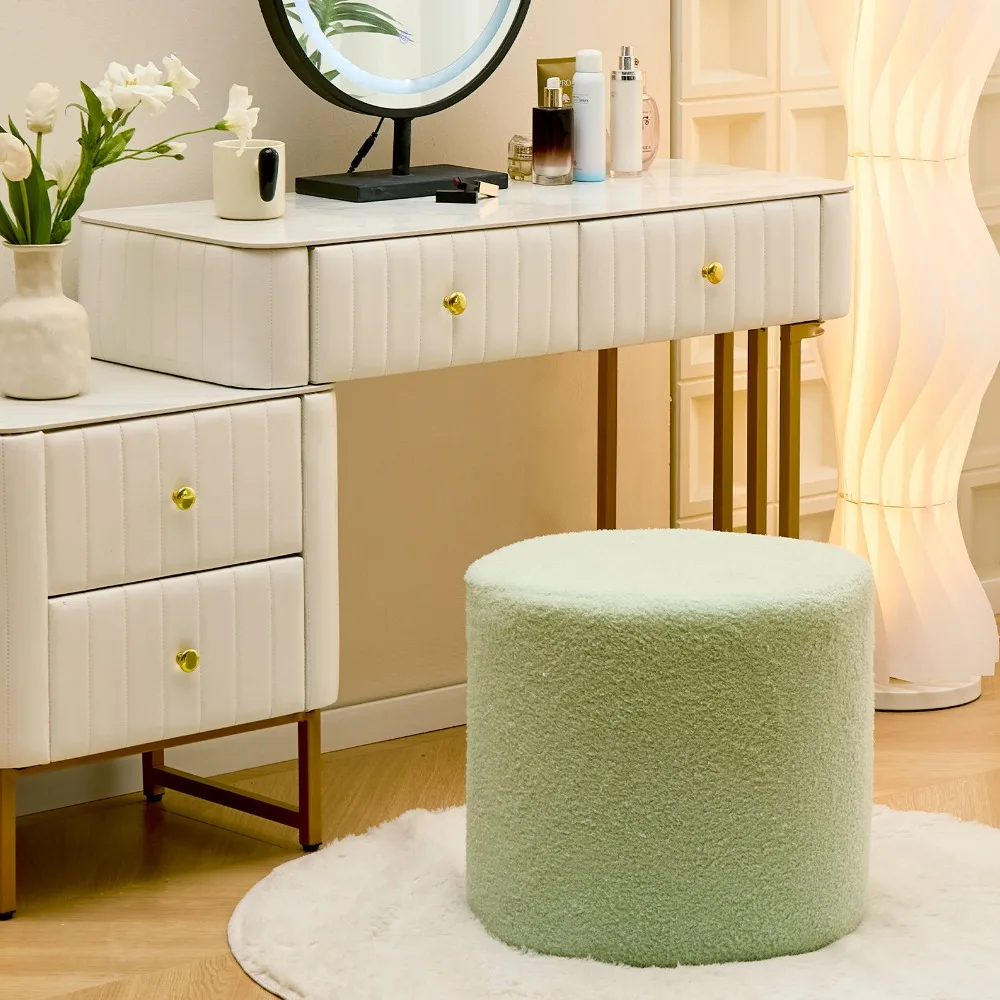

Round Teddy Fleece Ottoman with Soft Padded Seat, Multi-Functional Footrest, Vanity Chairs for Makeup, Upholstered Foot Stool
