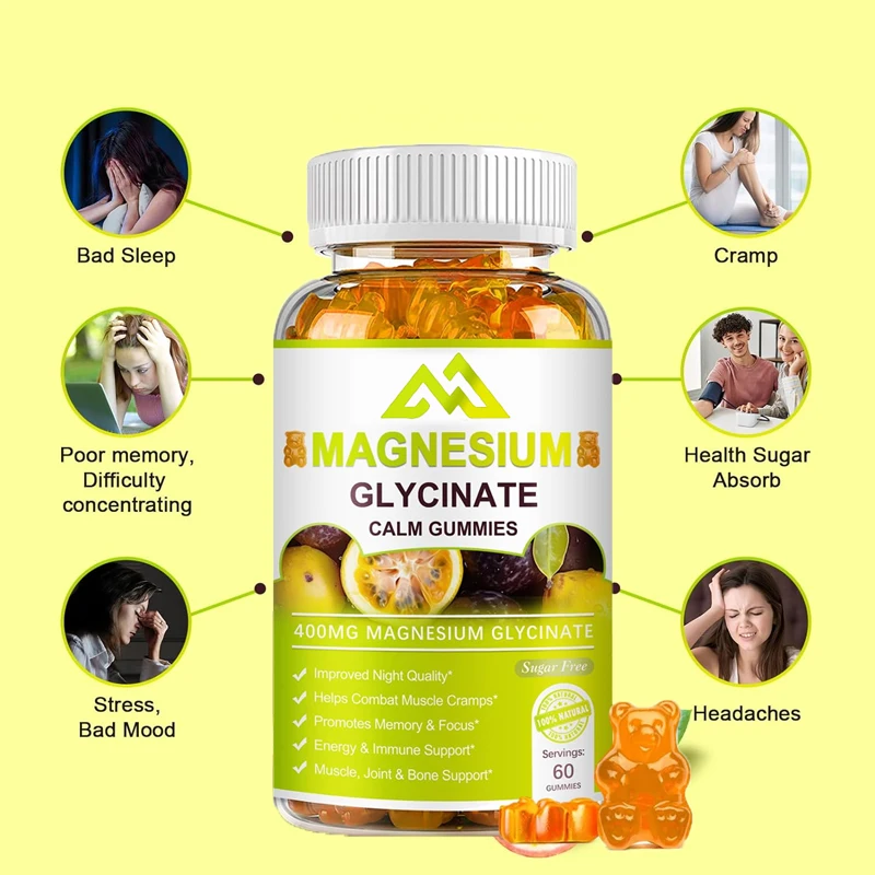 Magnesium glycine-60 passion fruit gummies, magnesium malate, vitamin D, B6, and CoQ10, for adults to calm their mood and sleep