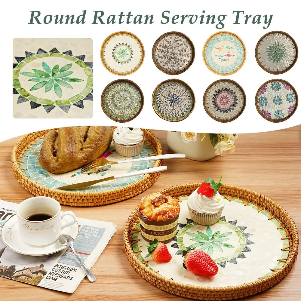 Decorative Round Rattan Serving Tray With Mother Of Pearl Inlay, Hand Woven Mosaic Tray For Snacks Fruit Cake Coffee Table N7A2