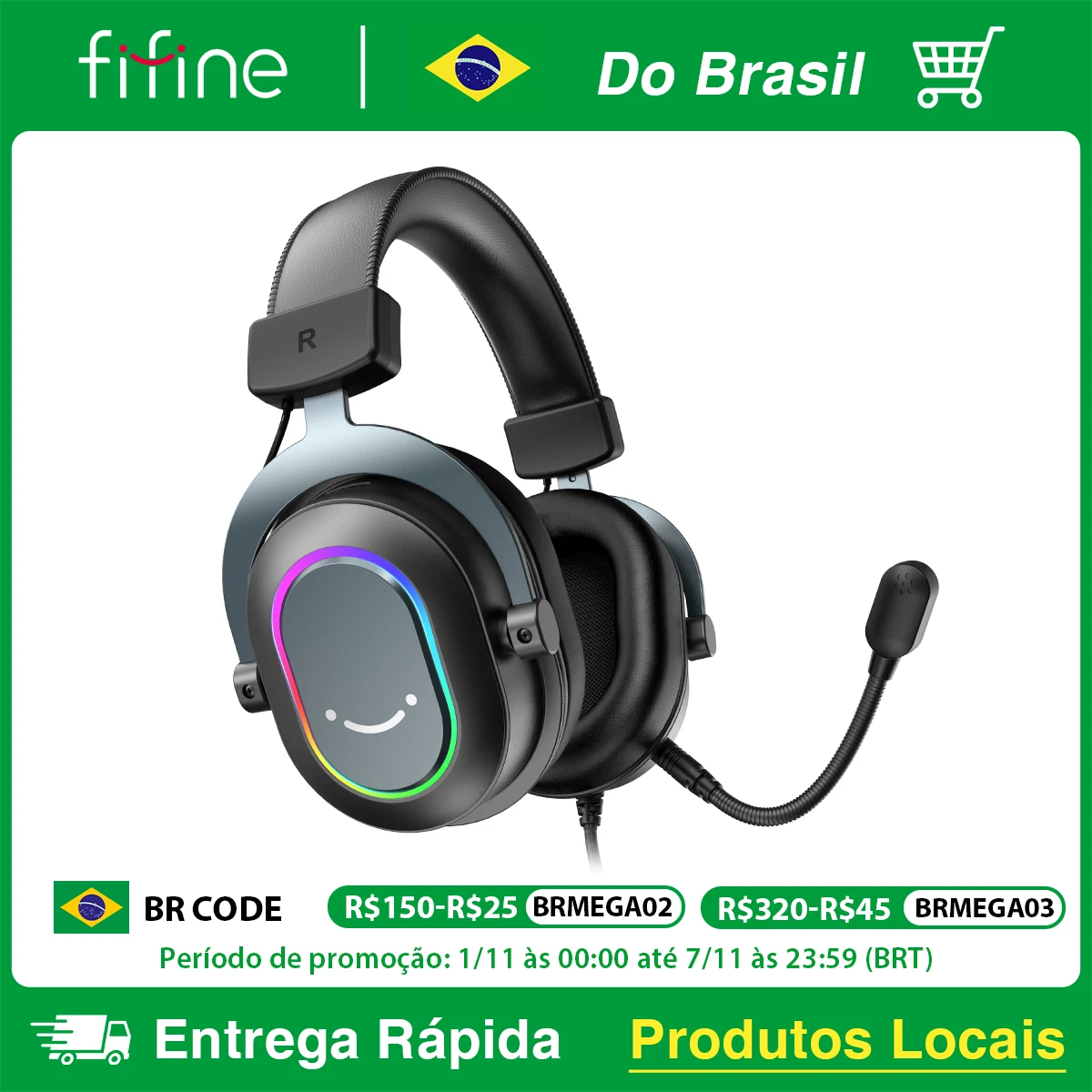 Fone de ouvido para jogos USB FIFINE com som surround 7.1/controle de linha/modo 3EQ, fone de ouvido RGB com microfone, plug and play, para PC/PS5 -H6