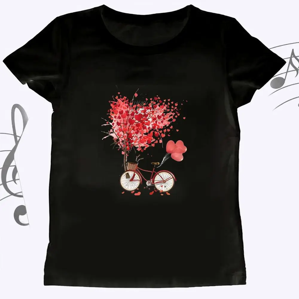 Red Bicycle Love Heart Graphic Women's Oversized T-shirt Summer Short Sleeve Romantic Tree Print Vintage Casual Fashion Tee Tops