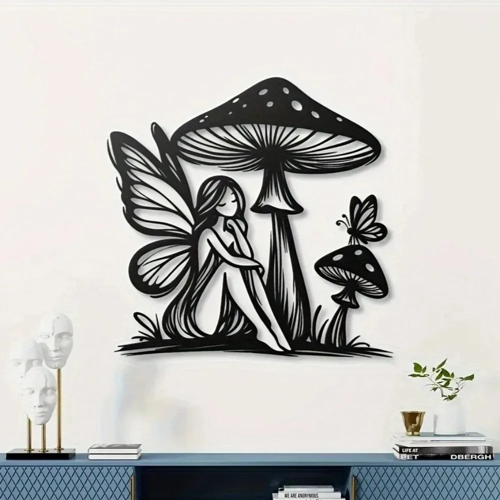 Bezaubernde Wandkunst aus Metall mit Engelmädchen und Pilzen, 15,7 Zoll, moderne Heimdekoration