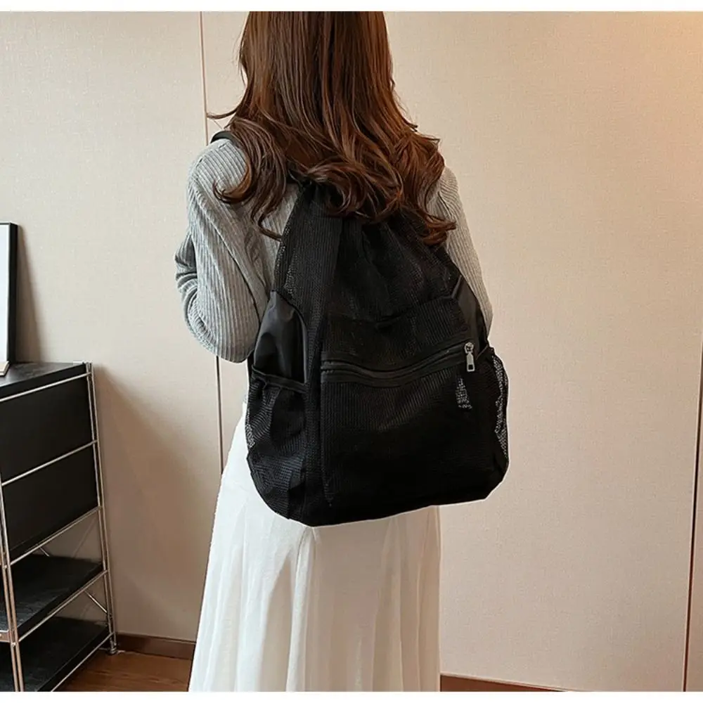 

Стильный корейский рюкзак на шнурке, нейлоновая сумка через плечо, однотонный портативный сетчатый пляжный рюкзак для путешествий