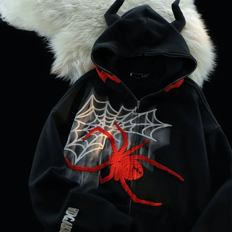 Y2k Gothic Demon Horn Spider Embroidered Cardigan Hooded Tops Couple Winter Trendy Zip Up Hoodie Korean Stylish Black Sweatshirt