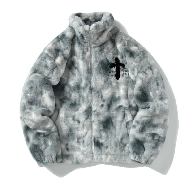 Winter couple vintage American tie-dye gradient plush cross-stitch lamb wool imitation rabbit hair cotton-padded jacket size 2XL