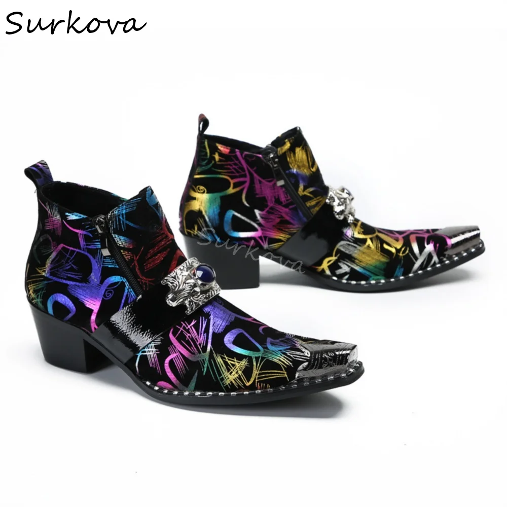 Handmade Printed Chelsea Boots Men/women Blue Gemstone Metal Pointed Toe Chunky Heel Ankle Boots 2025 New Fashion Design Boots