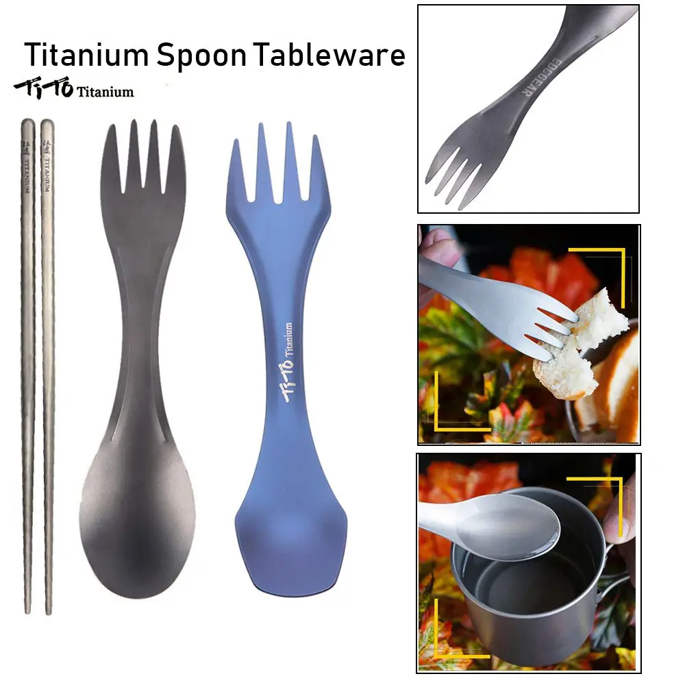 EDC Camping Tool Square Chopsticks Cutlery Fork Pure Titanium Cookware Long Handle Spoon Outdoor Picnic Accessories