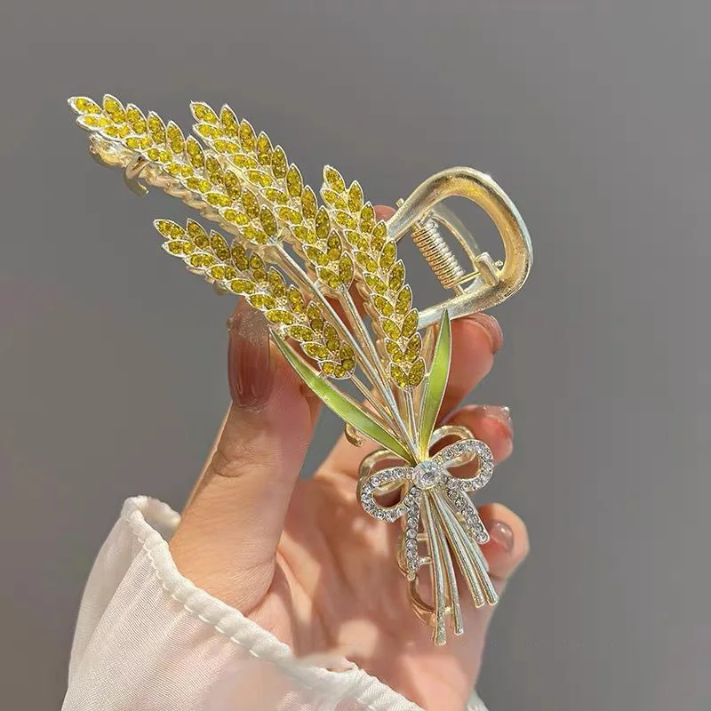 Rhinestone Wheat Hairpin Gold Color Hair Claw for Women Large Metal Hair Accessories Elegant Geometric Hair Clip Girls Gift 2024