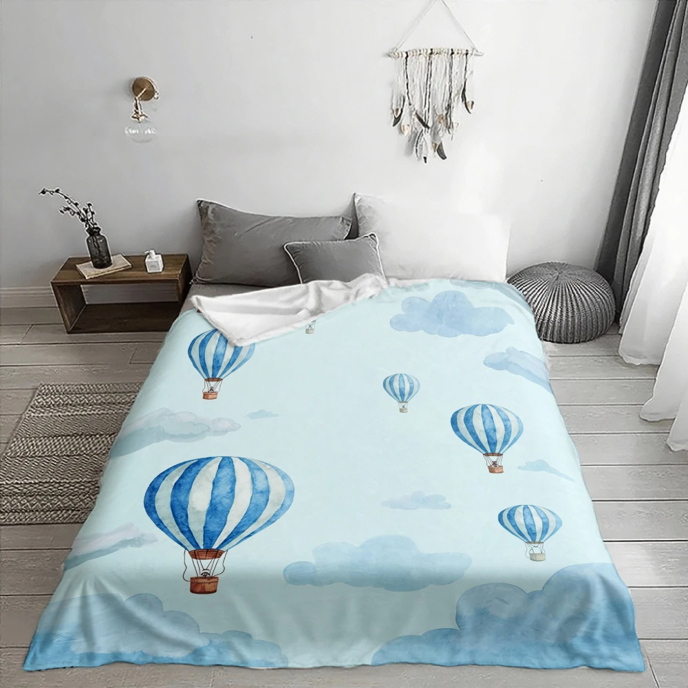 Watercolor Hot Air Balloons, Gift for Travelers, Soft Fleece Blanket, Blue Sky Cloud Pattern, Home Decor, Cozy Multi-Purpose Thr
