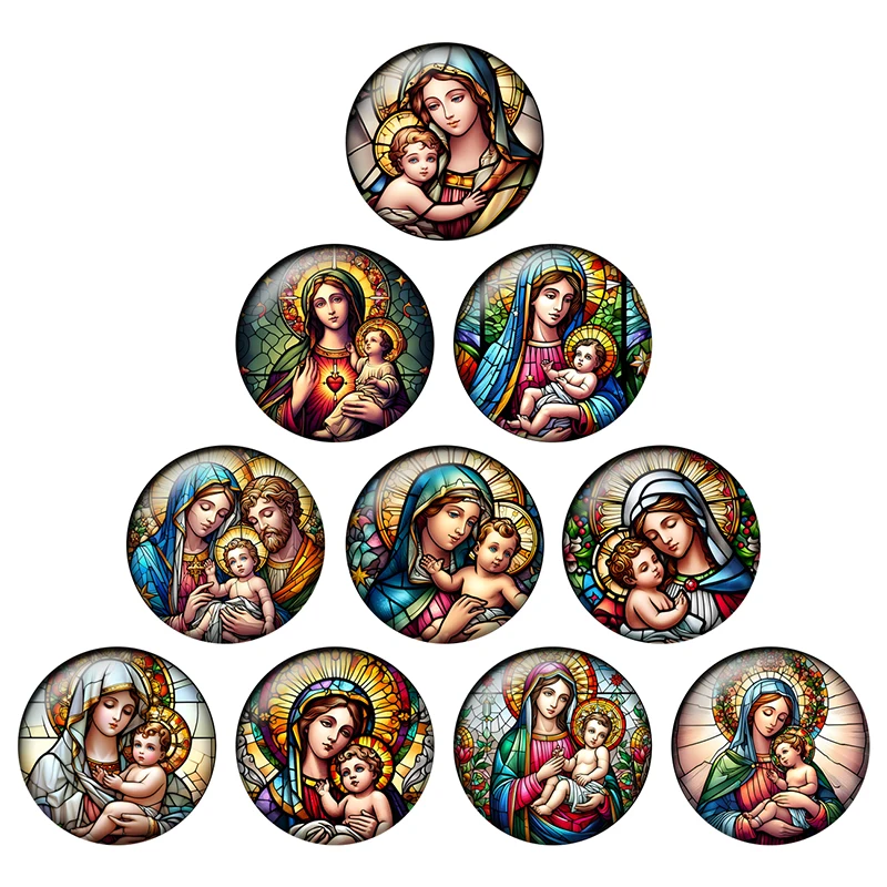 24pcs/lot Round Glass Cabochon Angel Baby Virgin Mary Pattern 8mm To 25mm Glass Dome Demo Flat Back Making Jewelry Findings H145