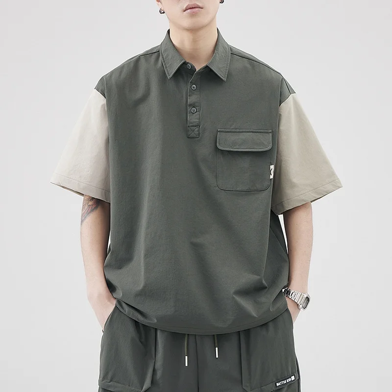 

Лето 2024, новый свободный комплект из тюэта с воротником ort Sve Qui Dry Splice Faionable, универсальная мужская универсальная подставка-стойка Cle...