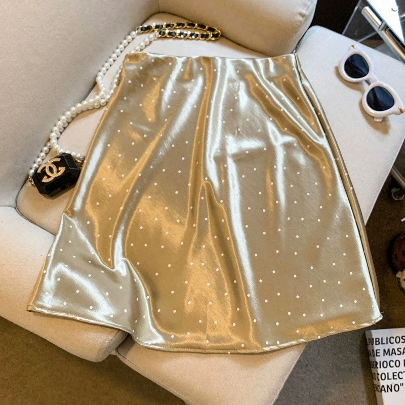Summer 2026 women's new satin polka dot midi skirt, high waist slimming versatile, hip hugging A-line short skirt