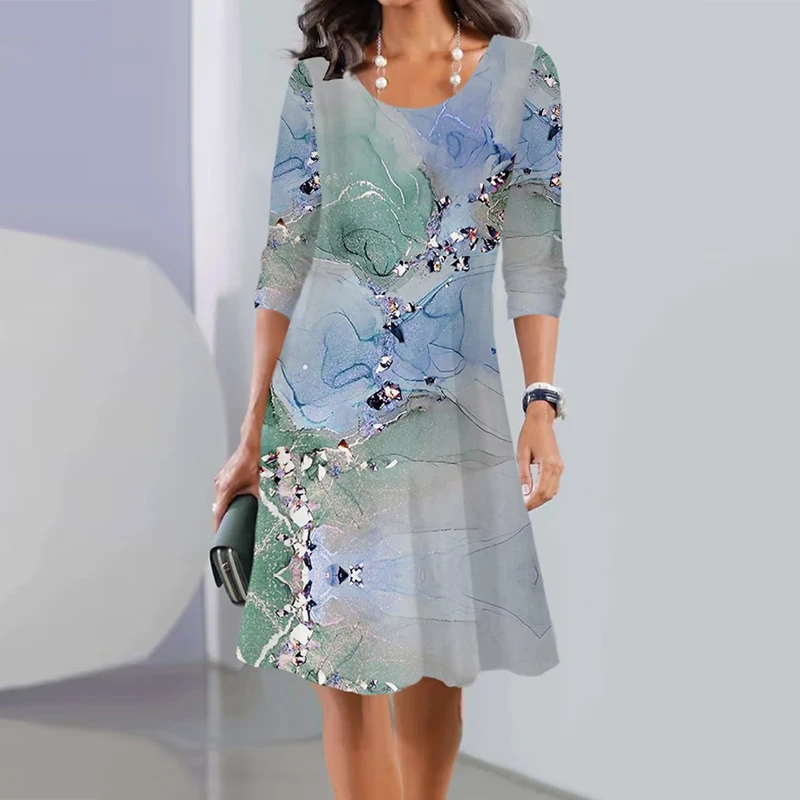 2025 Otoño/Invierno nuevo vestido estampado de talla grande de manga larga con cuello redondo de longitud media para mujer