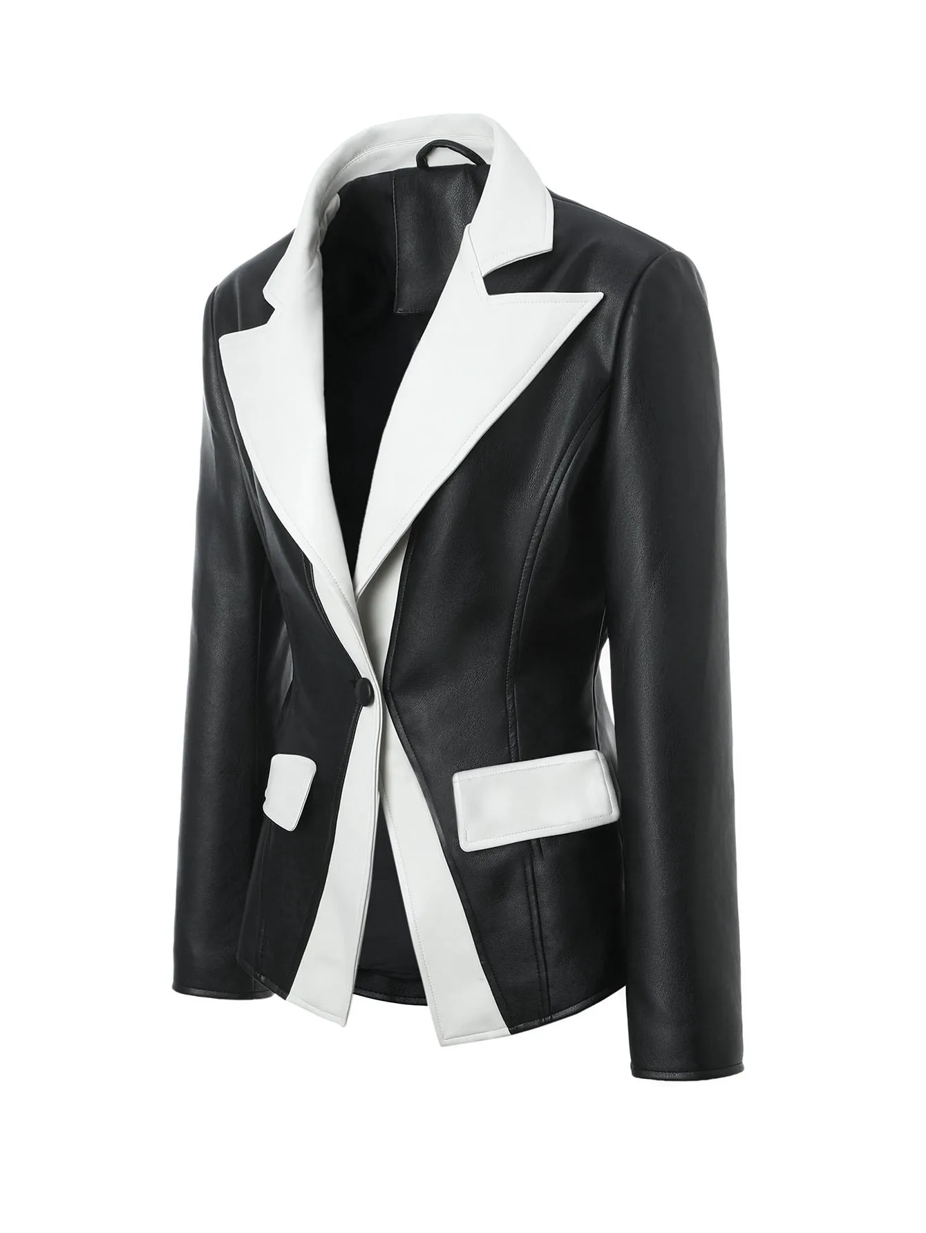 Giacca da donna in pelle PU con colori a contrasto in bianco e nero, con risvolto, abbottonatura a bottone singolo, top da abito punk rock