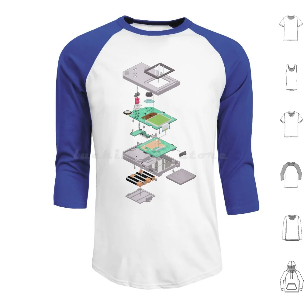 Lowpoly Vector Gameboy Dmg Isometric Explosion View Hoodie cotton Long Sleeve Lowpoly Isometric Dmg Gameboy Chiptune Dev