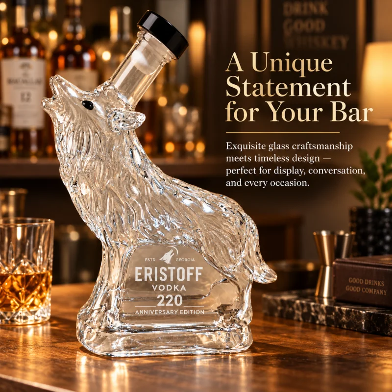 Howling Wolf Shaped Whiskey Decanter Unique Animal Glass Wine Bottle for Vodka Brandy Home Bar Decor Collection Gift