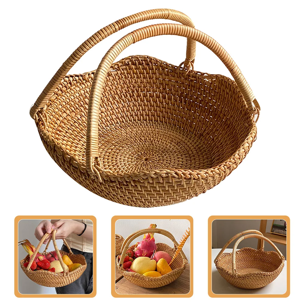 

Fruit Basket Gift Wicker Woven Rattan Storage Grocery Picnic Large Portable Household Multi-Function Camping Decoration
