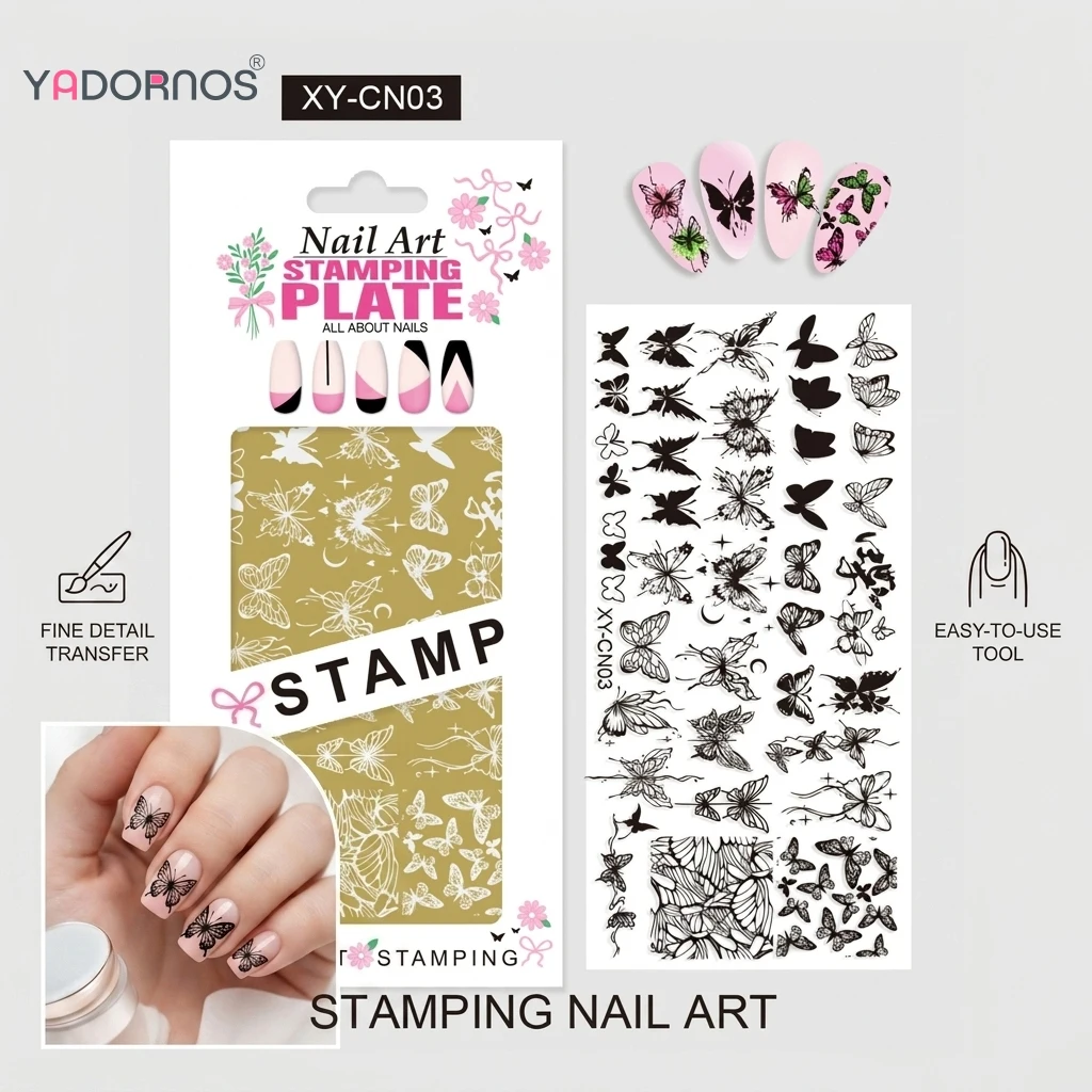 1Pcs Golden Rectangular Nail Stamping Plates Bowknot Butterfly Flower Cat Designs Nail Art Template For DIY Nail Decor Stencil