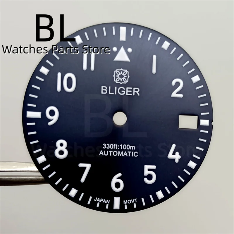 BLIGER 29mm Watch Dial Sterile Black Blue Green White C3 Luminous Pilot Style Watch Dial Fit NH35 NH35A NH36 Movement Watch Date