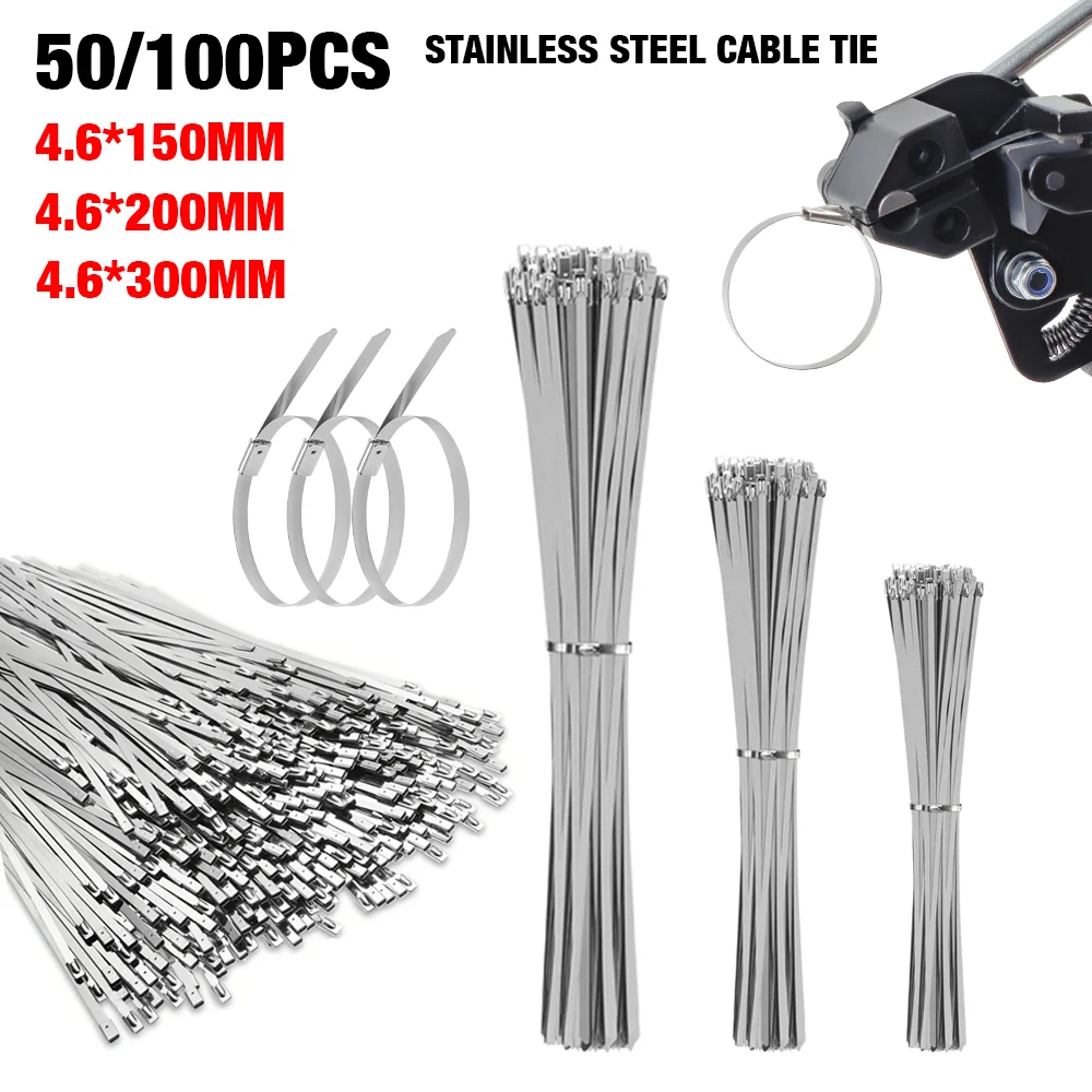 50/100PCS Stainless Steel Cable Ties 150mm-300mm Self-Locking Cable Ties Anti-Corrosion Resistant Binding Tape Fastenance Tools