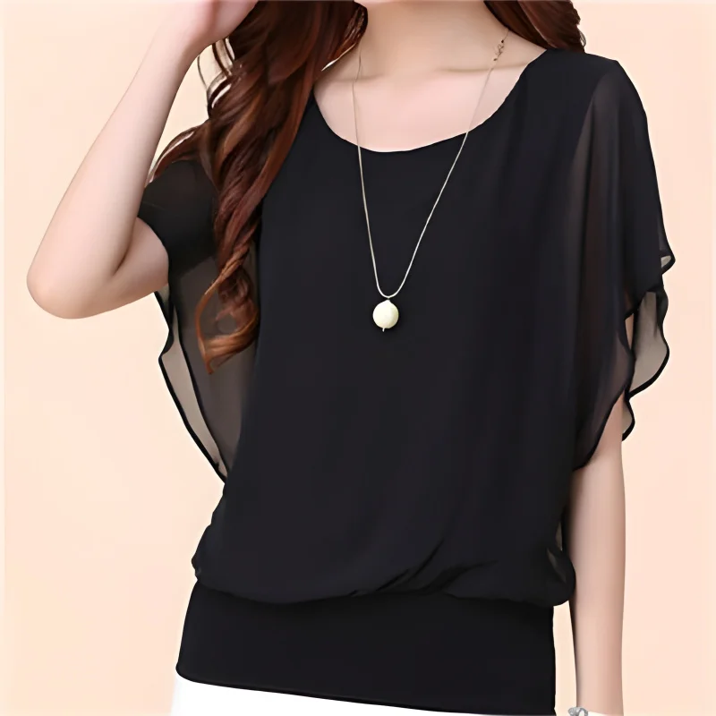 Plus Size L-5XL Chiffon Blouses Pullover 2025 Summer Shirt Elegant Sheer Short Sleeve O Neck Solid See-though Ruffle Women Tops