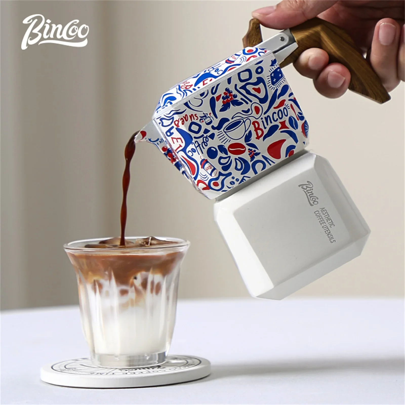 BINCOO Dual Valve Moka Pot Square Coffee Pot Espresso Coffee Maker Gift Box Set Italian Home Outdoor Hand Brewed Coffee Pot 220v