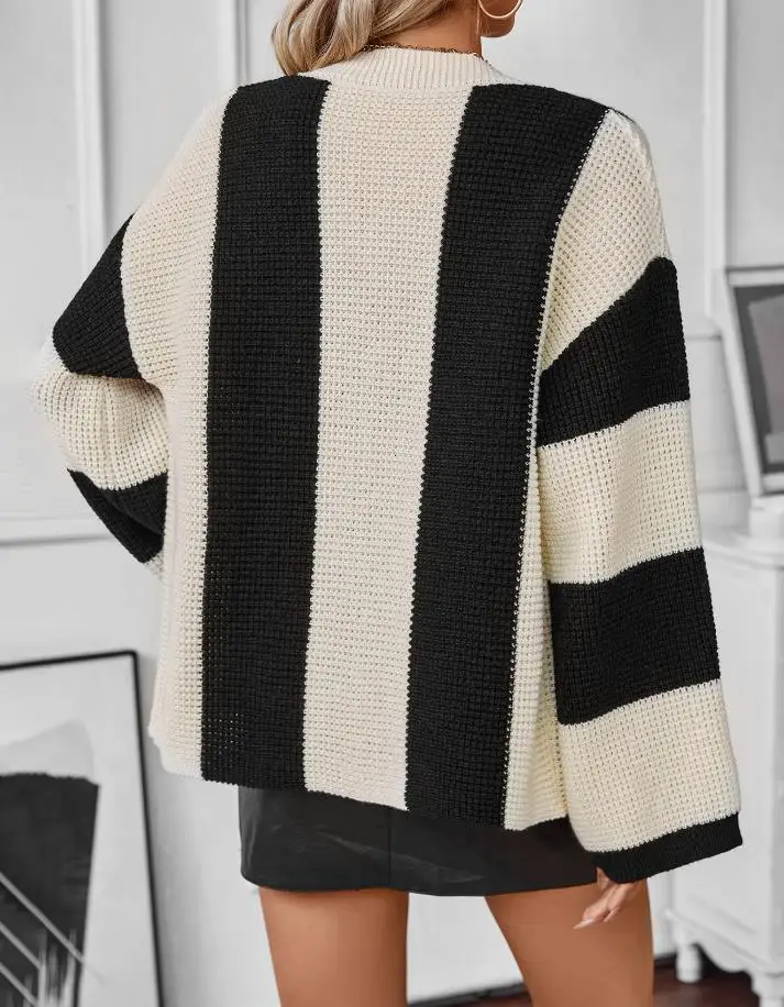 Women's Fashion Urban Sweater Cardigan 2025 Autumn Winter Latest Contrasting Striped Casual Loose Long Sleeve Versatile Knit Top